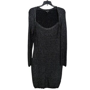 Express Metallic Sweater Dress Large Black Silver Holiday Stretch Knit
